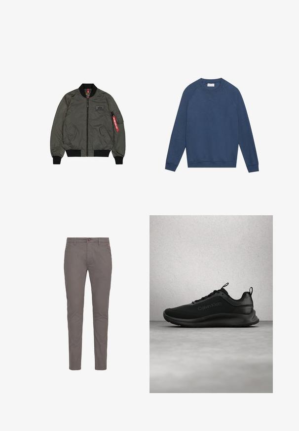 Olivenfarvet bomberjakke, skinnende nylonstof, ribbede manchetter og krave, lynlås foran, to sidelommer og en brugs-lomme med rød mærke.; Langærmet blå crewneck sweatshirt med raglanærmer, ribstrikkede manchetter og kant, samt en lille broderet "X" detalje under halsudskæringen.; Grå bomulds chinos med lige pasform, der har knaplukning, standardlommer og minimalistisk design. Glat tekstur og ingen mønstre.; Sort Calvin Klein-sneaker med snøre, der svæver over en gråpoleret gulv, med glasblokvinduer i baggrunden.