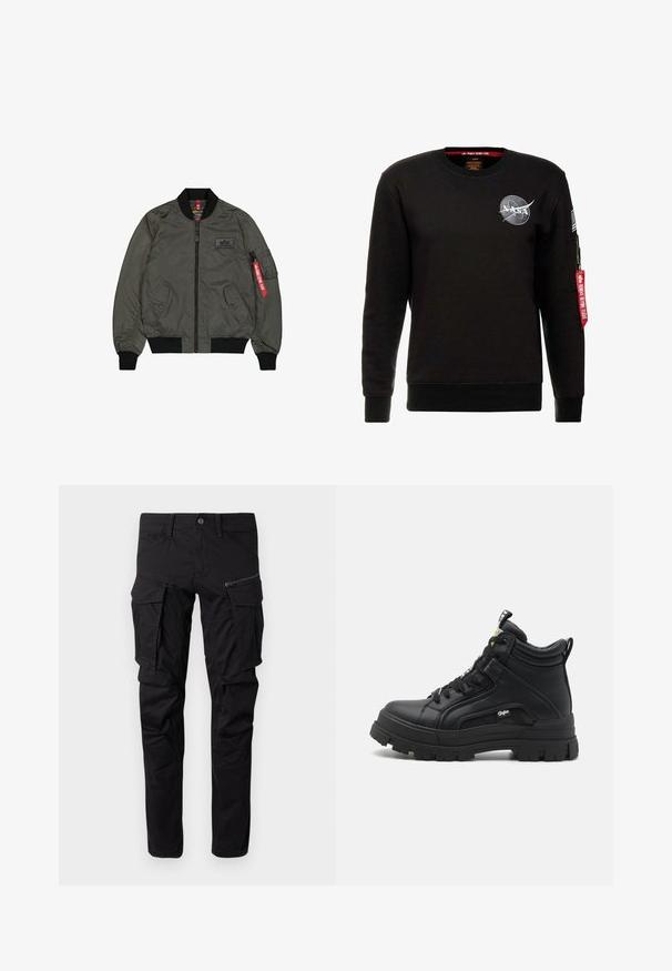 Olijfgroene bomberjack, glanzende nylonstof, ribgebreide manchetten en kraag, ritssluiting aan de voorkant, twee zijzakken en een utilitaire zak met een rode label.; Alpha Industries NASA - Sweater - schwarz; Zwarte cargobroek gemaakt van duurzaam materiaal, met meerdere zijzakken, een ritszak, taps toelopende benen en versterkte stiksels.; Zwarte hoge schoenen van gestructureerd leer, met een dikke rubberen zool, vetersluiting aan de voorkant en een klein logo detail aan de zijkant.