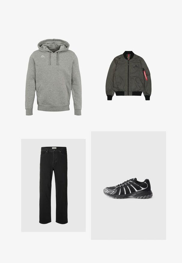 Veste bomber vert olive, tissu en nylon brillant, poignets et col côtelés, fermeture éclair à l'avant, deux poches latérales et une poche utilitaire avec étiquette rouge.; Sweat à capuche gris avec poche avant, capuche à cordon et petit logo blanc sur le côté gauche de la poitrine, présenté sur un fond blanc uni.; Des jeans en denim noir à coupe droite disposent d'un design classique à cinq poches avec fermeture à bouton, de coutures minimales et d'une texture douce.; Chaussure de sport noire avec accents blancs, présentant un dessus texturé, un design incurvé et une semelle en caoutchouc avec des crampons proéminents pour une bonne traction.