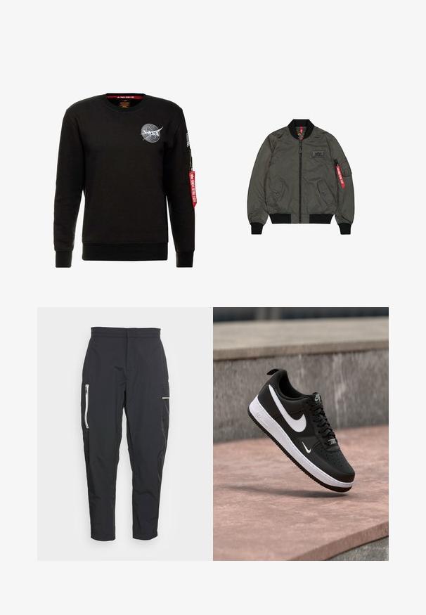 Olivgrüner Bomberjacke aus glänzendem Nylonstoff, mit gerippten Bündchen und Kragen, Reißverschluss vorne, zwei Seitentaschen und einer Utileltasche mit rotem Etikett.; Alpha Industries NASA - Sweatshirt - schwarz; Schwarze cargo Hosen aus leichtem Stoff. Zu den Merkmalen gehören Reißverschlusstaschen an der Seite und ein strukturiertes Akzentmaterial am Oberschenkel. Figurbetonter Schnitt.; Schwarz-weißer Nike Air Force 1 Sneaker, der über einer rosa Betonfläche mit grauem Stein-Hintergrund schwebt.