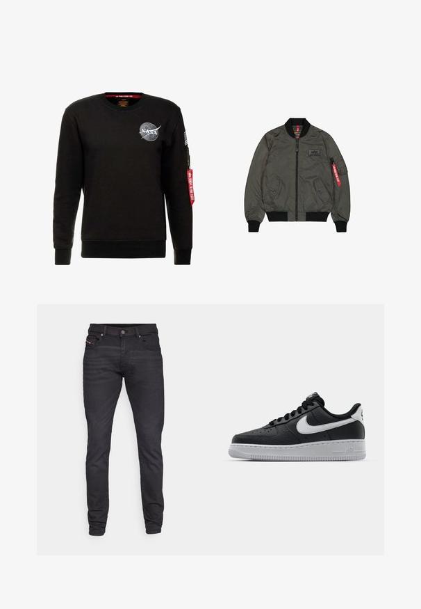 Olivgrüner Bomberjacke aus glänzendem Nylonstoff, mit gerippten Bündchen und Kragen, Reißverschluss vorne, zwei Seitentaschen und einer Utileltasche mit rotem Etikett.; Alpha Industries NASA - Sweatshirt - schwarz; Schwarze, eng geschnittene Jeans mit glatter Textur, fünf Taschen, Gürtelschlaufen und einem metallischen Knopfverschluss. Verfügt über eine dezente Markenkennzeichnung auf der Vordertasche.; Schwarze Ledersneaker mit strukturierten Oberflächen, weißem Nike-Swoosh, grauer Sohle, runder Zehenpartie und Schnürdesign. Verfügt über Perforationen an der Zehenbox.