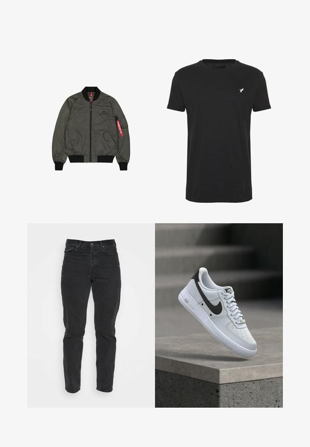 Olivgrüner Bomberjacke aus glänzendem Nylonstoff, mit gerippten Bündchen und Kragen, Reißverschluss vorne, zwei Seitentaschen und einer Utileltasche mit rotem Etikett.; Schwarzes T-Shirt mit kurzen Ärmeln aus Baumwolle, mit Rundhalsausschnitt und einem kleinen weißen Vogel-Logo auf der linken Brustseite.; Schwarze Denim-Jeans mit geradem Schnitt, fünf Taschen, vorderem Knopfverschluss und kontrastierenden Nähten. Glatte Textur mit leichten Gebrauchsspuren.; Weißer Nike Air Force 1 Sneaker mit schwarzem Swoosh-Logo, der über einer Betonvorsprung mit unscharfen Treppen im Hintergrund schwebt.