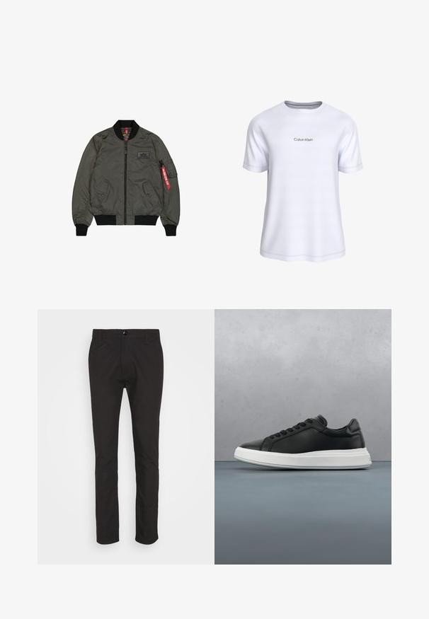 Olivovo zelená bomber bunda, lesklý nylonový materiál, žebrované manžety a golier, predný zips, dve bočné vrecká a úžitkové vrecko so červenou visačkou.; Biele tričko s krátkym rukávom a okrúhlym výstrihom, s čiernym logom "Calvin Klein" umiestneným uprostred na hrudi, zobrazené na jednoduchom pozadí.; Čierne bavlnené nohavice, rovný strih, s prednými vreckami, gombíkovým zapínaním a hladkou textúrou. Klasický a všestranný štýl.; Čierne kožené tenisky s hladkým povrchom, biela gumová podrážka, zaoblený tvar, šesť dierok na šnúrky a decentné logo na päte.
