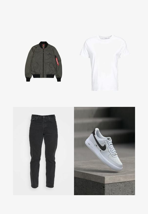Olivovo zelená bomber bunda, lesklý nylonový materiál, žebrované manžety a golier, predný zips, dve bočné vrecká a úžitkové vrecko so červenou visačkou.; Biela bavlnená tričko má okrúhly výstrih a krátke rukávy, s klasickým strihom a hladkou textúrou. Žiadne vzory alebo hardvér nie sú viditeľné.; Čierne riflové nohavice s rovnom strihom, piatimi vreckami, predným zapínaním na gombík a kontrastným prešívaním. Hladká textúra s jemnými známkami opotrebenia.; Biela teniska Nike Air Force 1 s čiernym logom Swoosh, vznášajúca sa nad betónovým okrajom s rozmazanými schodmi na pozadí.