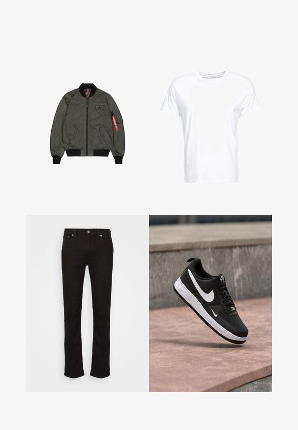 Olivovo zelená bomber bunda, lesklý nylonový materiál, žebrované manžety a golier, predný zips, dve bočné vrecká a úžitkové vrecko so červenou visačkou.; Biela bavlnená tričko má okrúhly výstrih a krátke rukávy, s klasickým strihom a hladkou textúrou. Žiadne vzory alebo hardvér nie sú viditeľné.; Čierne denimové nohavice so strihom rovného nohu, ktoré majú klasický dizajn s piatimi vreckami, kovové zapínanie na gombík a jemné šitie detailov.; Čierno-biely teniska Nike Air Force 1 visiaca nad ružovým betónovým povrchom s pozadím zo sivého kameňa.
