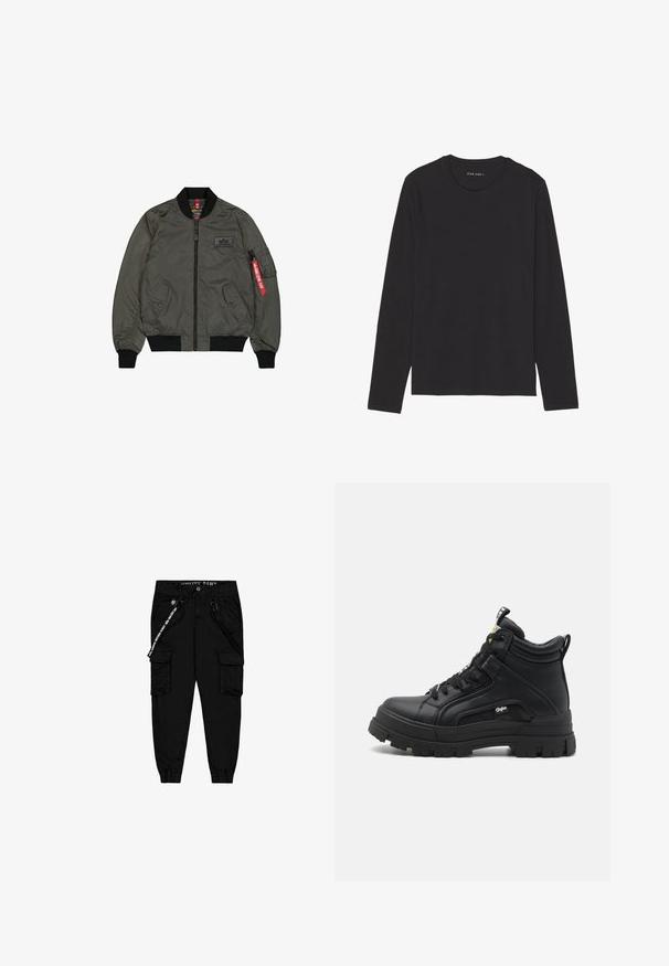 Olivgrüner Bomberjacke aus glänzendem Nylonstoff, mit gerippten Bündchen und Kragen, Reißverschluss vorne, zwei Seitentaschen und einer Utileltasche mit rotem Etikett.; Schwarzes Langarm-T-Shirt aus weichem, leichtem Stoff. Verfügt über einen runden Halsausschnitt und einen geraden Saum. Keine sichtbaren Muster oder Akzente.; Schwarze Cargo-Hose aus leichtem Stoff, mit zwei Seitentaschen, einem elastischen Bund und verstellbaren Beinabschlüssen.; Schwarze hoch geschnittene Schuhe aus strukturiertem Leder, mit einer dicken Gummisohle, Schnürung vorne und einem kleinen Logodetail an der Seite.