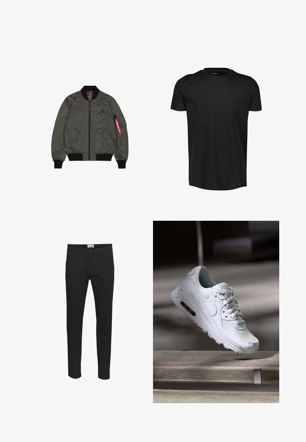 Olivgrüner Bomberjacke aus glänzendem Nylonstoff, mit gerippten Bündchen und Kragen, Reißverschluss vorne, zwei Seitentaschen und einer Utileltasche mit rotem Etikett.; Schwarzes Baumwoll-T-Shirt mit Rundhalsausschnitt, kurzen Ärmeln und geradem Schnitt. Glatte Textur, keine Muster oder Verzierungen.; Schwarze Hosen aus solidem Fabric, mit regulärer Passform, fünf Taschen-Design und Knopfverschluss. Elegant und vielseitig.; Weiße Nike Air Max 90 Sneaker mit einem Obermaterial aus Mesh und Leder, durchlässigem Zehenbereich und einer sichtbaren Air-Einheit in der Ferse.