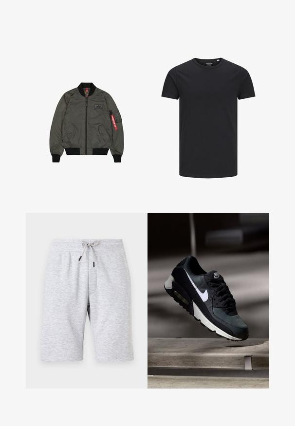 Veste bomber vert olive, tissu en nylon brillant, poignets et col côtelés, fermeture éclair à l'avant, deux poches latérales et une poche utilitaire avec étiquette rouge.; T-shirt en coton noir avec un col rond, des manches courtes et un design simple. Texture lisse, sans motifs ni éléments visibles.; Shorts en coton gris clair longueur genou avec ceinture élastique et cordon de serrage à l'avant noué en nœud, présenté de face sur un fond uni.; Baskets Nike Air Max noires et grises avec un logo blanc, suspendues au-dessus d'une surface en béton sur un fond sombre flou.