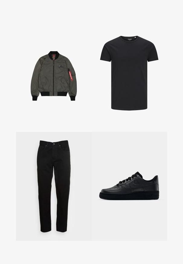 Veste bomber vert olive, tissu en nylon brillant, poignets et col côtelés, fermeture éclair à l'avant, deux poches latérales et une poche utilitaire avec étiquette rouge.; T-shirt en coton noir avec un col rond, des manches courtes et un design simple. Texture lisse, sans motifs ni éléments visibles.; Jean slim noir avec fermeture à bouton à l'avant et design à cinq poches, présenté sur un fond gris clair uni.; Baskets Nike Air Force 1 noires avec un dessus en cuir lisse, bout perforé pour la respirabilité, lacets noirs et semelle en caoutchouc texturé.