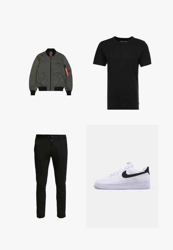 Veste bomber vert olive, tissu en nylon brillant, poignets et col côtelés, fermeture éclair à l'avant, deux poches latérales et une poche utilitaire avec étiquette rouge.; T-shirt noir à manches courtes en coton, avec un col rond et une étiquette logo discrète sur le côté. Design simple et polyvalent.; Pantalon noir slim-fit en tissu doux. Il possède une fermeture éclair à bouton, deux poches latérales et une texture lisse et épurée.; Sneaker en cuir blanc avec un Swoosh noir texturé, des lacets plats et une semelle en caoutchouc avec un motif strié. "AIR" est embossé sur le talon.