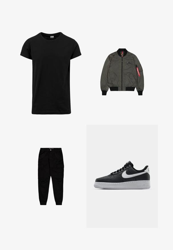 Olivovo zelená bomber bunda, lesklý nylonový materiál, žebrované manžety a golier, predný zips, dve bočné vrecká a úžitkové vrecko so červenou visačkou.; Čierne tričko vyrobené z bavlny, s klasickým okrúhlym výstrihom, krátkymi rukávmi s prehnutím a rovnom spodným okrajom. Jednoduchý, jednoliaty dizajn bez vzorov.; Čierne cargo nohavice z bavlny, s dvoma prednými vreckami a dvoma bočnými cargo vreckami, s elastickými manžetami a pásom.; Čierne kožené tenisky s textúrovaným povrchom, biely Nike swoosh, šedá podrážka, okrúle špičky a šnurovací dizajn. Obsahuje perforácie na špičke.