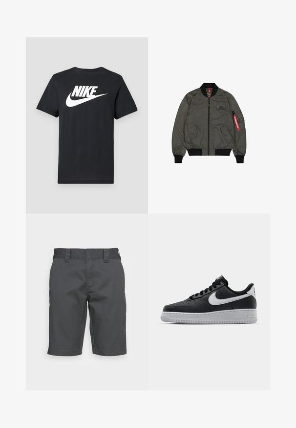 Olivovo zelená bomber bunda, lesklý nylonový materiál, žebrované manžety a golier, predný zips, dve bočné vrecká a úžitkové vrecko so červenou visačkou.; Čierne tričko s krátkym rukávom s bielym logom Nike a symbolom umiestneným v strede na hrudi, zobrazené na svetlosivom pozadí.; Tmavo šedé šortky vyrobené z odolnej tkaniny, s rovnou prednou časťou, pútkami na opasok a mierne uvoľneným strihom, bez viditeľných vzorov alebo akcentov.; Čierne kožené tenisky s textúrovaným povrchom, biely Nike swoosh, šedá podrážka, okrúle špičky a šnurovací dizajn. Obsahuje perforácie na špičke.
