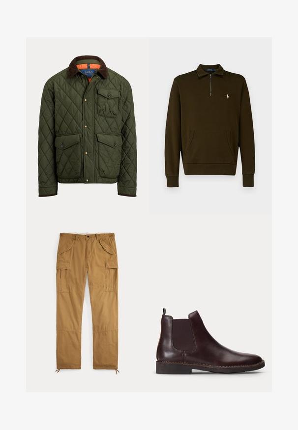 Chaqueta verde acolchada con cuello de pana marrón, bolsillo en el pecho con botón, dos bolsillos con botón en la cintura y botones a presión delanteros.; Polo Ralph Lauren LOOPBACK QUARTER-ZIP SWEATSHIRT - Sudadera - dark loden; Pantalones cargo marrones con cierre de botones, trabillas para cinturón, bolsillos con solapa en los muslos y cordones en los puños de los tobillos, colocados planos sobre un fondo blanco.; Botín Chelsea de cuero marrón oscuro con panel lateral elástico y tacón bajo, mostrado de perfil sobre un fondo blanco.
