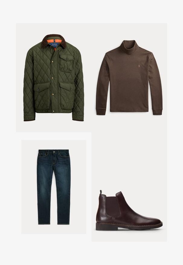 Gewatteerde groene jas met een bruine corduroy kraag, een borstzak met knoop, twee met knoop gesloten taillezakken en voorste drukknopen.; Bruin shirt met lange mouwen en coltrui met een klein geborduurd polospelerlogo op de linkerborst.; Donkerblauwe slim-fit jeans met lichte vervaging en vijfzakkenontwerp, plat gelegd op een witte achtergrond.; Donkerbruine leren Chelsea-boot met elastisch zijpaneel en lage hak, weergegeven in profiel op een witte achtergrond.