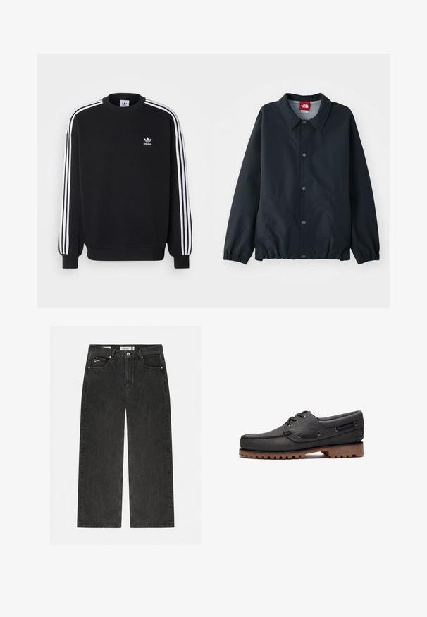 Sort jakke med krave, knaplukninger, elastiske manchetter og en indsnævret kant. Fremstillet af letvægts, vandafvisende materiale.; Sort sweatshirt med hvidt tre-stripes design på ærmerne, rund hals, ribbede manchetter og lille hvid Adidas-logo på brystet.; Sort cowboystof jeans med vide ben, forreste knap og lynlås, design med fem lommer og lille "project blue" mærkat på den forreste lomme.; Sort læder bådsko med snøredetaljer, rund tå, struktureret brun gummisål og sydd læderside.