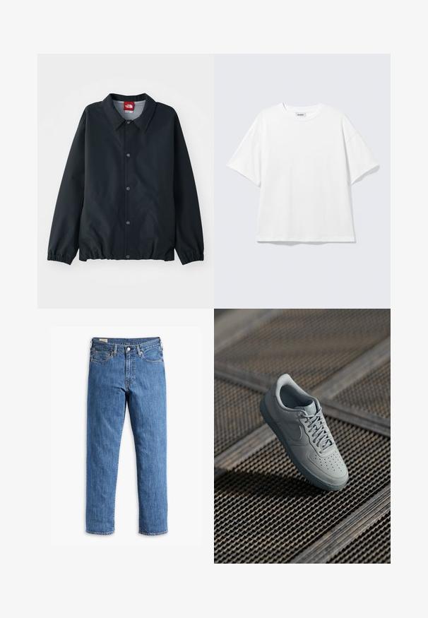 Sort jakke med krave, knaplukninger, elastiske manchetter og en indsnævret kant. Fremstillet af letvægts, vandafvisende materiale.; Hvid oversized t-shirt med korte ærmer og rund halsudskæring med sænkede skuldre, fladt lagt på lys grå baggrund.; Blå denimjeans med lige ben, kobbernitter og fem-lomme design. Har en syet kant og et klassisk taljebånd med bæltestropper.; Grå lædersneaker med perforeret tå, flade snørebånd, polstret krave og struktureret gummisål. Har en subtil brandingdetalje.