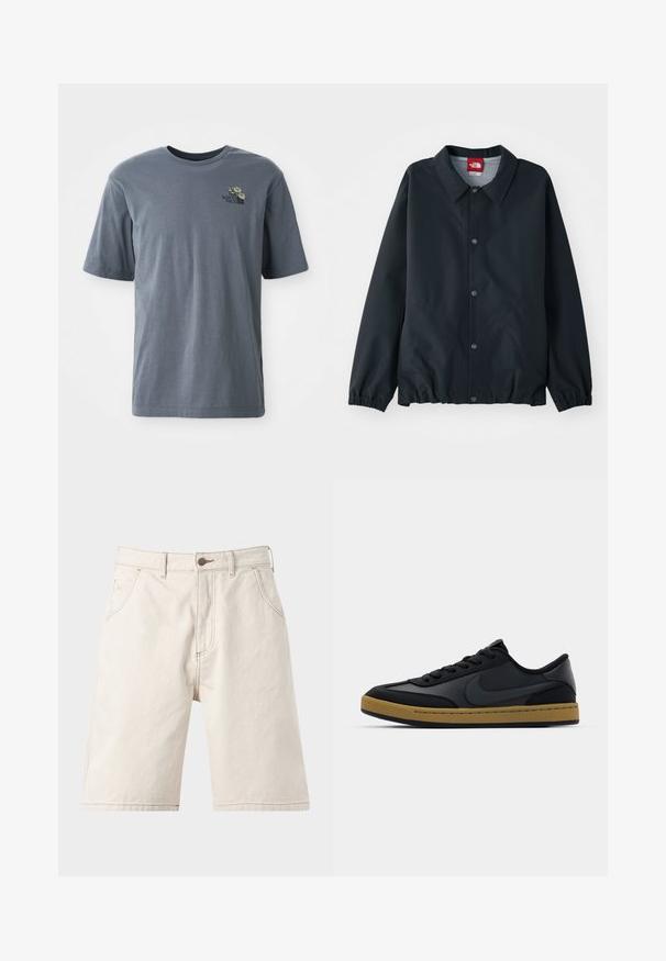 Zwart jasje met een kraaghals, knoopsluitingen, elastische manchetten en een cinched zoom. Gemaakt van lichtgewicht, waterafstotend materiaal.; Grijze t-shirt met korte mouwen van katoen, voorzien van een klein geborduurd logo en bloemenpatroon op de linkerborst.; Gebroken witte denim shorts met voorzakken, riemlussen en een knoopsluiting op een effen lichte achtergrond.; Zwarte leren sneaker met een laag ontwerp, vetersluiting, rubberen zool en gumkleurige accenten. Voorzien van een zijlogo en gestructureerde materialen.