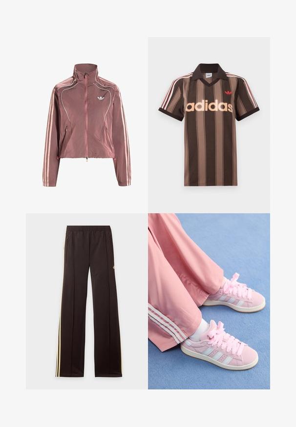 Chaqueta deportiva Adidas mauve con cremallera, cuello alto, detalles en piping blanco, tres franjas rosa claro en las mangas y logo trefoil de Adidas en el pecho.; Polo Adidas marrón con rayas, cuello en V, cuello burdeos y logo rojo. Presenta rayas blancas y rojas en los hombros, mangas cortas.; Pantalones de chándal negros con rayas amarillas laterales, cintura elástica, bolsillos laterales con cremallera y un pequeño logo en el muslo superior.; Zapatillas deportivas rosas con rayas azul claro, puntera redonda y cordones gruesos rosas, combinadas con pantalones de chándal rosas que tienen rayas laterales blancas.