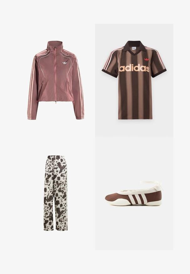 Mauvefarbene Adidas Trainingsjacke mit Reißverschluss, hohem Kragen, weißen Paspelierungen, drei hellrosa Streifen auf den Ärmeln und Adidas-Trefoil-Logo auf der Brust.; Braunes gestreiftes Adidas-Poloshirt mit V-Ausschnitt, bordeauxrotem Kragen und rotem Logo. Mit weißen und roten Schulterstreifen, kurzen Ärmeln.; adidas Originals COW PRINT SATIN WIDE LEG - Jogginghose - multicolor off white; Brauner und weißer Ballerinaschuh mit drei weißen Streifen und einer Schleife zum Binden am Knöchel auf einem schlichten hellen Hintergrund.