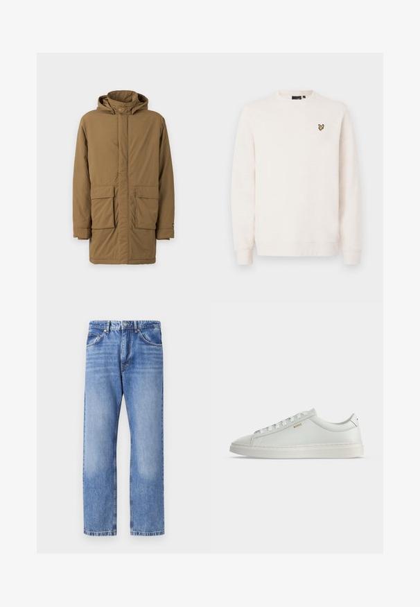 Bruine geïsoleerde parka met een capuchon, twee voortassen, een rechte snit en een gladde textuur. Knopen sluiting aan de voorkant en bij de mouwmanchetten.; Gebroken witte sweater met ronde hals, lange mouwen en een klein geel-zwart vogellogo op de linkerborst.; Lichtblauwe denim jeans met een rechte pijp, vijf zakken, contraststiksels en een iets vervaagde afwerking. Knoop- en ritssluiting.; Witte lage leren sneaker met veters, platte zool en klein gouden "BOSS" logo aan de zijkant, gezien vanaf de buitenkant.