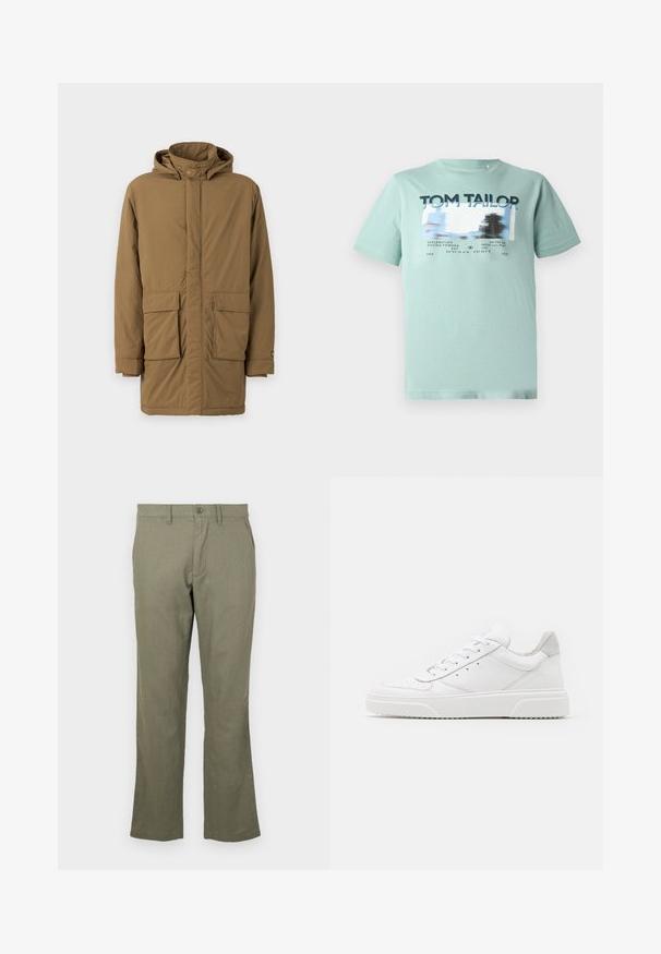Parka aislante marrón con capucha, dos bolsillos frontales, corte recto y textura suave. Cierre de botones en la parte delantera y en los puños de las mangas.; TOM TAILOR Camiseta estampada - dust green; Pantalones casuales de color verde oliva, hechos de una tela suave. Cuentan con un corte recto, bolsillos frontales y un cierre de botón. Sin patrones visibles.; Zapatillas de cuero blanca con un acabado suave, punta redondeada, cordones planos y una suela texturada. Acento de ante gris en el talón.