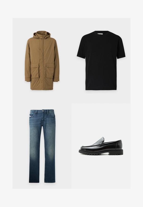 Brun isoleret parka med hætte, to frontlommer, lige snit og en glat tekstur. Knaplukning foran og ved ærmeender.; Sort kortærmet t-shirt lavet af bomuld med rund halsudskæring og løs pasform. Glat tekstur, ingen mønstre eller synlige logoer.; Dongeribukser i mørkeblue med en klassisk lige ben-pasform. Har fem lommer og subtil bleget effekt for ekstra tekstur. Knapper og syninger er synlige.; Sort læderloafer med chunky gummisål, syet overdel og præget mærkenavn på hælen, vist i sideprofil på hvid baggrund.