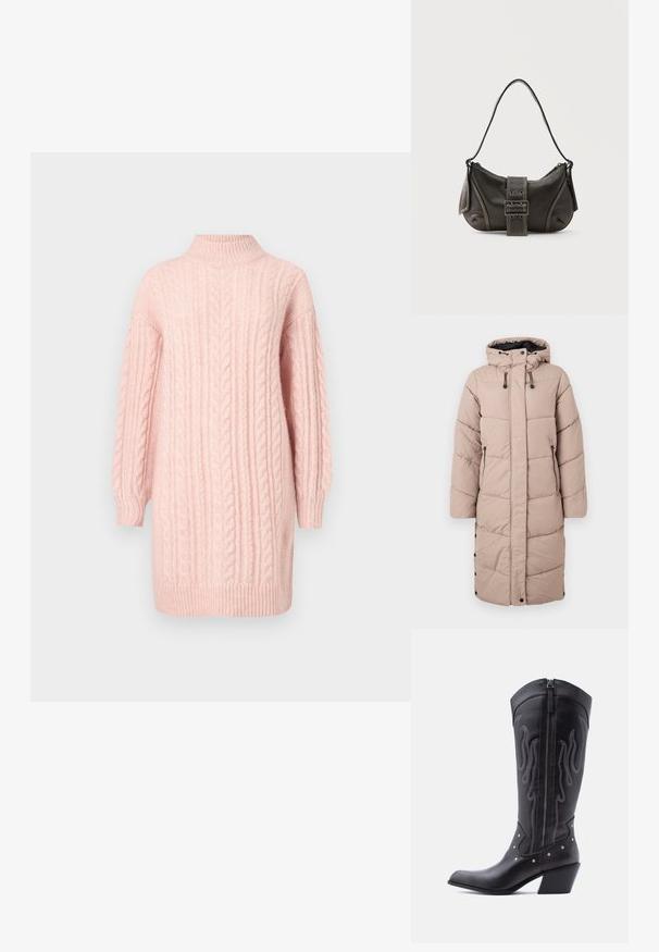 Lang mauve polstret vinterjakke med hætte, frontlynlås, trykknapper og lynlåslommer på en hvid baggrund.; Blød lyserød kabelstrikket sweaterkjole med lange ærmer og ribbet høj hals, kant og manchetter på en hvid baggrund.; Sorte cowboystøvler i læder med spids tå, synlige sømme, sølvfarvede nitte-detaljer og lynlås på den indvendige side.; Sort læder skuldertaske med spænde på remmen, afrundede kanter og kontrasterende hvide syninger på en ensfarvet baggrund.