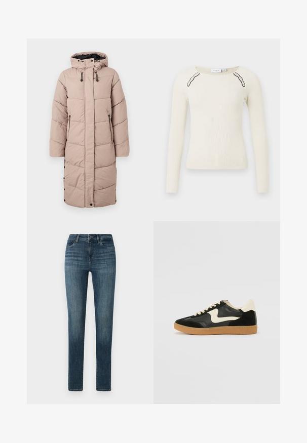 Lang mauve polstret vinterjakke med hætte, frontlynlås, trykknapper og lynlåslommer på en hvid baggrund.; Ribbede langærmede top i off-white med en rund hals og kontrastfarvede sorte detaljer på skuldrene. Strikket tekstur, tætsiddende design.; Mørkeblå denim jeans med slim fit, der har en knaplukning, fem lommer og subtile slidser langs lårene.; Sorte ruskinds- og lædersneakers med en cremefarvet side-swoosh og lys cremefarvet hæl. Har beige snørebånd og en gummirubber-sål.