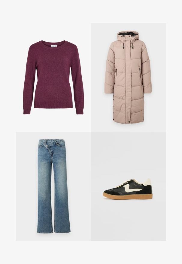 Langer mauve gefütterter Wintermantel mit Kapuze, Frontreißverschluss, Druckknöpfen und seitlichen Reißverschlusstaschen auf weißem Hintergrund.; Burgunderfarbener Strickpullover mit rundem Ausschnitt, langen Ärmeln, gerippten Bündchen und Saum. Weicher Textur mit einem subtilen, leicht melierten Erscheinungsbild.; Hellblaue Jeans aus Denim mit weitem Bein, hoher Taille, leichter Verblassung und Knopfverschluss vorne. Verfügt über fünf Taschen und minimale Nähte.; Schwarze Wildleder- und Leder-Sneaker mit einem cremefarbenen Seiten-Swoosh und einer hellcremefarbenen Ferse. Ausgestattet mit beige Schnürsenkeln und einer Gummilaufsohle.