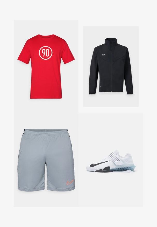 Veste noire zippée avec col montant, manches longues avec poignets élastiques et un petit logo blanc sur la poitrine gauche.; T-shirt en coton rouge avec un graphique circulaire blanc portant le numéro "90" au centre. Encolure classique et manches courtes.; Shorts de sport gris clair avec des panneaux latéraux noirs, une taille élastique et un ourlet en maille texturée. Présente un logo Nike orange sur la jambe gauche.; Baskets blanches avec le swoosh noir de Nike, tige en maille, trois rayures noires et une semelle dégradée allant du bleu au transparent. Présente des accents renforcés.