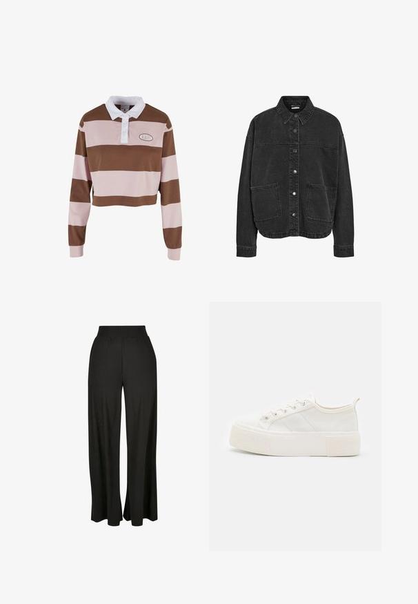 Sort denimjakke med knaplukning foran, spidse kraver og to store frontlommer. Har en afslappet pasform og synlige sømdetaljer.; Brun og lyserød stribet langærmet polo shirt med hvid krave, har et logo patch og et cropped design. Blødt bomuldsmateriale.; Sorte vidde bukser med vertikal ribbet tekstur og en elastisk høj talje. Har sidelommer og et flydende stofdesign.; Hvide kanvas sneakers med en struktureret, kraftig sål, der har flade snørebånd, sidelaner og en hælflap for nemt at tage dem på.