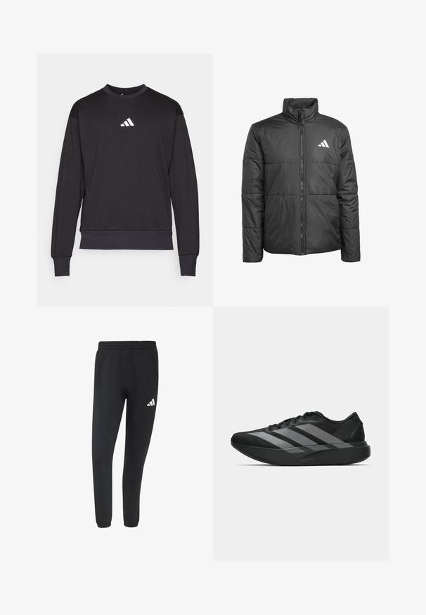 Chaquetón negro acolchado con un alto cuello, cremallera frontal y costuras horizontales. Presenta un logo blanco en el lado izquierdo del pecho. Textura suave.; Sudadera negra con mangas largas, puños y dobladillo acanalados; presenta un logo blanco de Adidas en el pecho, fabricada en una suave tela texturizada.; Pantalones deportivos negros tipo jogger con cinturilla y puños elásticos, con un pequeño logo blanco de Adidas en el muslo derecho.; Zapatillas deportivas negras con un diseño ligero, que presentan tres franjas grises prominentes, una textura suave y una suela contorneada.
