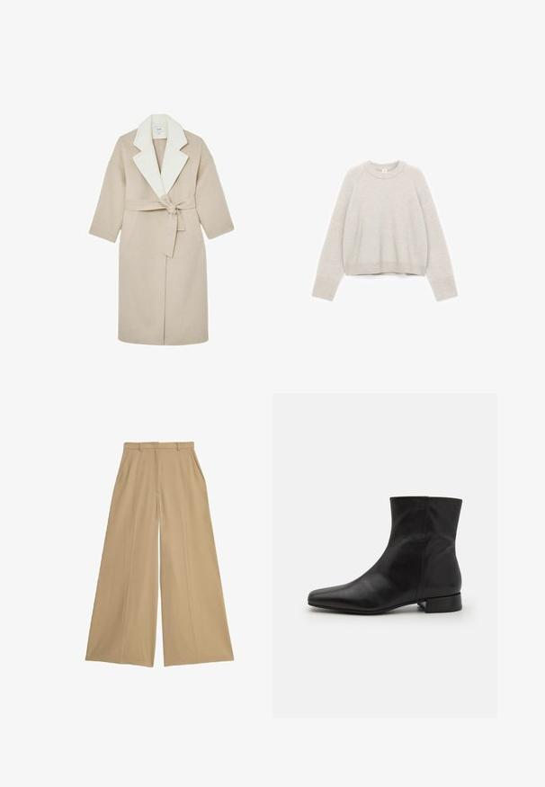 Beige uldfrakke med hvidt hakkrave, bælte i taljen og korte ærmer. Har to sidelommer for ekstra funktionalitet.; Lysegrå cropped sweater lavet af blødt strikket materiale med rund halsudskæring, ribstrikkede manchetter og en afslappet pasform.; Beige brede bukser lavet af et let væv, med to sidelommer, flad front og en glat overflade.; Sort læder ankelstøvle med spids tå, glat tekstur, minimalistisk design og en lav blokhæl. Sidelukning går op til anklen.