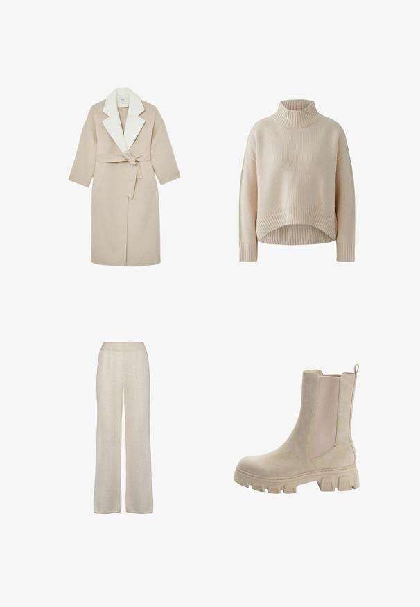 Beiger Wollmantel mit weißem Reverskragen, tailliertem Gürtel und kurzen Ärmeln. Verfügt über zwei seitliche Taschen für zusätzliche Funktionalität.; Hellbeige Rollkragenpullover mit cropped Design, geripptem Kragen und Saum sowie locker sitzenden Ärmeln. Hergestellt aus einem strukturierten Strickmaterial.; Weit geschnittene Hosen aus einem weichen, hellbeigen Stoff. Sie verfügen über eine glatte Textur, einen elastischen Bund und ein einfaches, unauffälliges Design.; Beige Chelsea-Stiefel aus glattem Leder mit elastischen Seitenpaneelen. Dicke, robuste Gummisohle mit markantem Profil und Ziehhilfe.