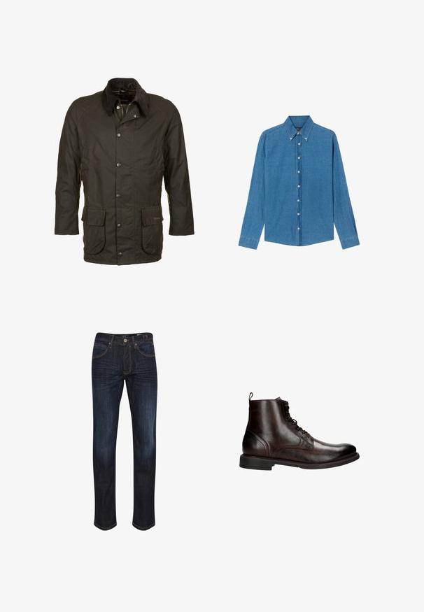 Donkergroene gewaxte katoenen jas met corduroy kraag, knoop- en ritssluiting aan de voorkant en twee grote klepzakken ter hoogte van de taille.; Blauwe denim shirt met een button-down kraag, lange mouwen en knopen aan de voorkant. De stof heeft een gestructureerde afwerking met een klassieke snit.; Donkerblauwe spijkerbroeken met een recht model, vijf zakken, gouden stiksels en een gladde textuur. JButtonsluiting in de taille.; Donkerbruine leren enkelboot met veters, lage hak en een gladde gepolijste afwerking, gezien vanaf de buitenkant.