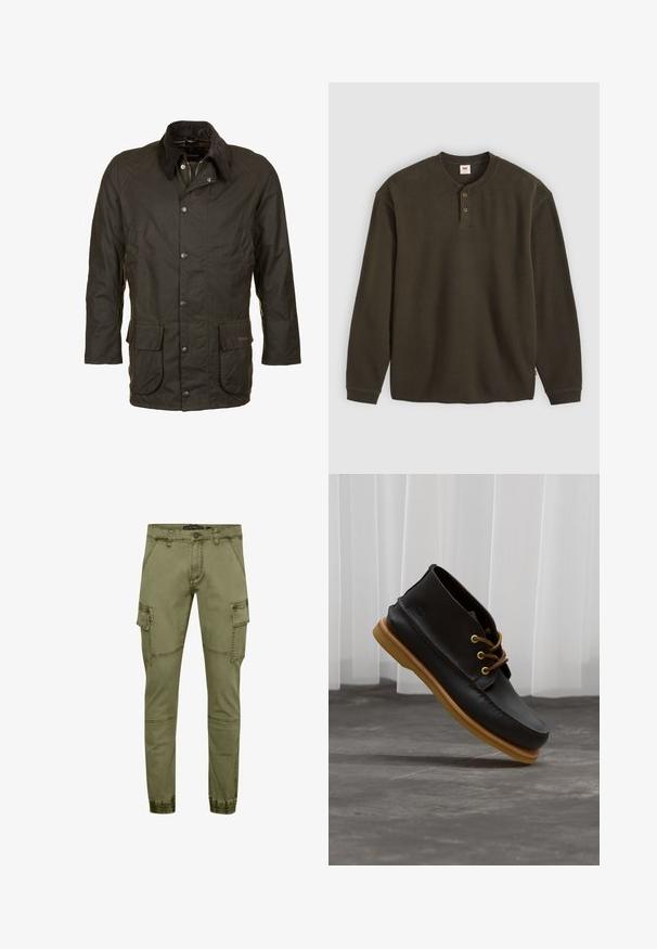 Veste en coton ciré vert foncé avec col en velours côtelé, fermeture avant par boutons et fermeture éclair, et deux grandes poches à rabat à la taille.; Chemise henley à manches longues en maille gaufrée vert foncé avec deux boutons et poignets côtelés, étendue à plat sur un fond clair.; Pantalons cargo vert olive en mélange de coton, dotés de plusieurs poches, de jambes fuselées et de poignets élastiques pour un look ajusté.; Chaussures en cuir noir avec une finition lisse, bout rond, lacets marron et semelles en caoutchouc marron clair. Logo embossé sur le côté.