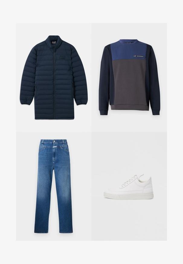 Námornícka modrá dlhá pérová bunda s predným zipsom, stojatým golierom, zipsovými bočnými vreckami a nenápadným logom EA7 Emporio Armani na hrudi.; Námornícka a sivá mikina s farebným blokovým dizajnom, ribovaným okrúhlym výstrihom a malým logom na hrudi. Hladký textilný materiál.; Modré riflové nohavice so strihom do rovna, so zapínaním na gombík, pútkami na opasok a jemným vyblednutím na stehnách.; Biela kožená teniska s okrúhlou špičkou, plochou podrážkou a šnurovaním vpredu. Má švy a polstrovaný golier pre pohodlie.