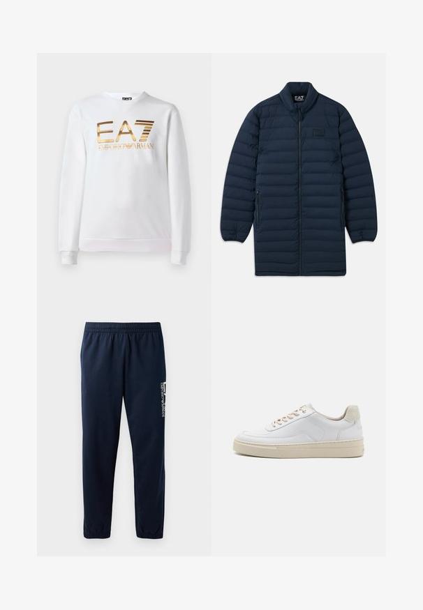 Abrigo largo de plumas azul marino con cremallera frontal, cuello alzado, bolsillos laterales con cremallera y sutil logotipo EA7 Emporio Armani en el pecho.; Sudadera blanca de algodón con mangas largas y cuello redondo. Presenta un logo metálico dorado "EA7 EMPORIO ARMANI" en la parte delantera.; Pantalones de chándal azul marino con cintura elástica, piernas ajustadas y un logo blanco en el lateral. Tejido suave con una textura ligera.; Zapatilla blanca con parte superior de cuero suave, cordones beige y un tirador de talón de ante beige texturizado. Suela elevada para mayor altura.