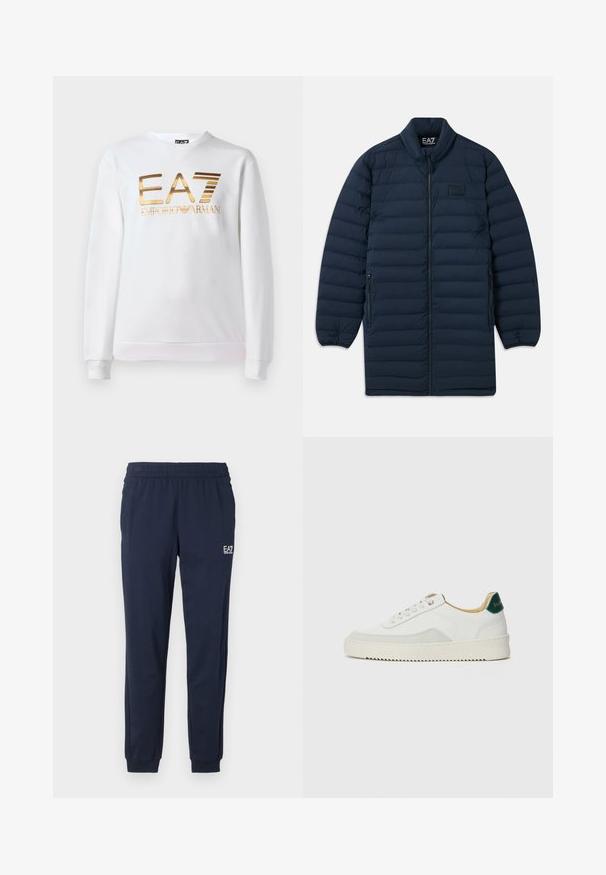 Abrigo largo de plumas azul marino con cremallera frontal, cuello alzado, bolsillos laterales con cremallera y sutil logotipo EA7 Emporio Armani en el pecho.; Sudadera blanca de algodón con mangas largas y cuello redondo. Presenta un logo metálico dorado "EA7 EMPORIO ARMANI" en la parte delantera.; Pantalones de chándal azul marino con cinturilla y puños elásticos. Presentan un pequeño logo blanco en la pierna izquierda. Fabricados con un material suave y elástico.; Zapatilla blanca con acentos de ante, puntera redondeada, cordones planos y suela de goma color crema. Presenta un logo verde en el talón.