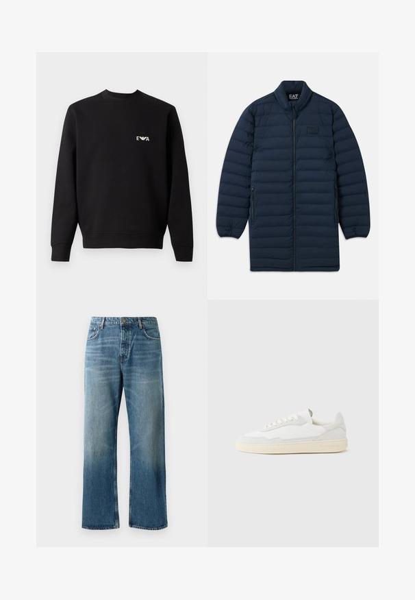 Námornícka modrá dlhá pérová bunda s predným zipsom, stojatým golierom, zipsovými bočnými vreckami a nenápadným logom EA7 Emporio Armani na hrudi.; Čierna mikina s okrúhlym výstrihom, dlhými rukávmi a rebrovanými manžetami. Na hrudi sa nachádza malé biele vyšívané logo. Materiál z bavlnenej zmesi.; Svetlomodré široké džínsy s vyblednutým praním, s jedným gombíkom na zapínanie, piatimi vreckami a kontrastným prešívaním.; Biela teniska s jemne štruktúrovaným zvrškom zo semišu a kože. Má zaoblenú špičku, viazanie na šnúrky a kontrastnú béžovú gumovú podrážku.