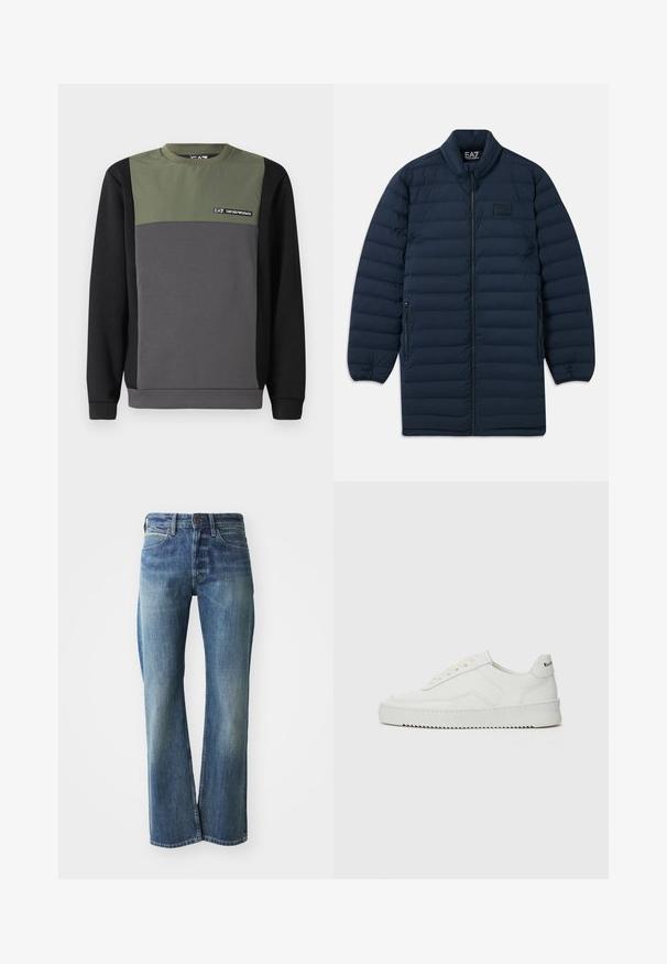 Námornícka modrá dlhá pérová bunda s predným zipsom, stojatým golierom, zipsovými bočnými vreckami a nenápadným logom EA7 Emporio Armani na hrudi.; Mikina v blokových farbách: tmavozelená horná časť, sivá stredná časť a čierna dolná časť. Má dlhé rukávy a okrúhly výstrih s detailom loga.; Džínsy z denimu v svetlom až strednom modrom odtieni, s rovnými nohavicami, klasickým päť-pocket dizajnom a jemným vyblednutím vpredu.; Biele kožené tenisky s hladkým povrchom, okrúly špičkový dizajn, ploché šnúrky a textúrovaná podrážka. Obsahujú jemné logo na päte.