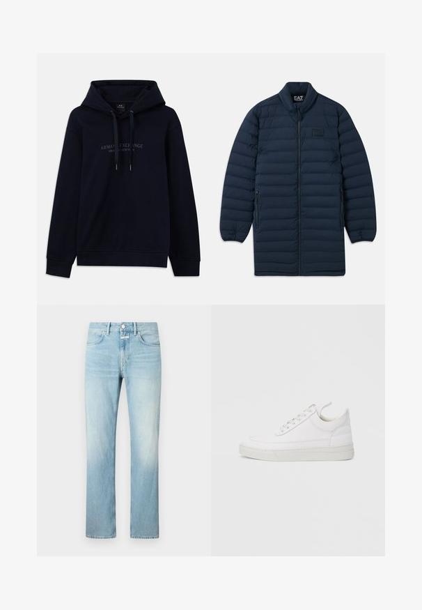 Marineblauwe lange pufferjas met een rits aan de voorkant, opstaande kraag, ritszakken aan de zijkanten en een subtiel EA7 Emporio Armani-logo op de borst.; Navyblauwe hoodie met trekkoorden en "Armani Exchange Milano / New York" gedrukt op de borst, met ribgebreide boorden en onderkant.; Lichtblauwe denim jeans met een rechte pijp, voorzien van een klassiek vijf-pocket ontwerp en een knopenfly sluiting.; Witte leren sneaker met een afgeronde neus, platte zool en veters aan de voorkant. Voorzien van stikseldetails en een gevoerde kraag voor comfort.