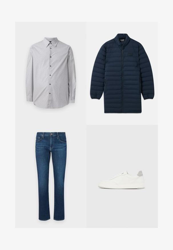 Námornícka modrá dlhá pérová bunda s predným zipsom, stojatým golierom, zipsovými bočnými vreckami a nenápadným logom EA7 Emporio Armani na hrudi.; Košeľa s dlhým rukávom na gombíky v svetlo sivej farbe s malým čiernym geometrickým vzorom, so štandardným golierom a čiernymi gombíkmi pozdĺž prednej časti.; Tmavomodré džínsy s rovnými nohavicami, klasickým päť vreckovým štýlom a gombíkovým zapínaním na páse. Hladká textúra.; Biela nízka teniska so sivým pätovým pásikom, bielymi šnúrkami a členitou podrážkou, zobrazená na jednoduchom svetlom pozadí.