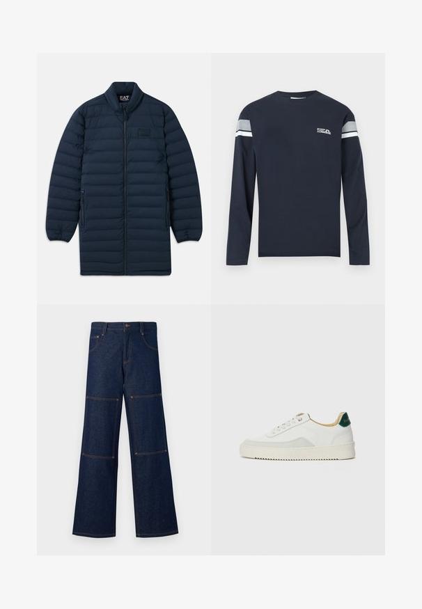 Námornícka modrá dlhá pérová bunda s predným zipsom, stojatým golierom, zipsovými bočnými vreckami a nenápadným logom EA7 Emporio Armani na hrudi.; Dlhé tričko s dlhým rukávom námorníckej modrej farby z bavlneného materiálu, s okrúhlym výstrihom, bielo-sivým pruhom na rukávoch a malým logom na hrudi.; Tmavomodré džínsy s širokými nohavicami a kontrastným oranžovým šitím, ktoré majú veľké nášivkové vrecká na každej nohe a zapínanie na gombík v páse.; Biele tenisky s semišovými akcentmi, zaoblenou špičkou, plochými šnúrkami a krémovou gumovou podrážkou. Na päte sú zelené značky.