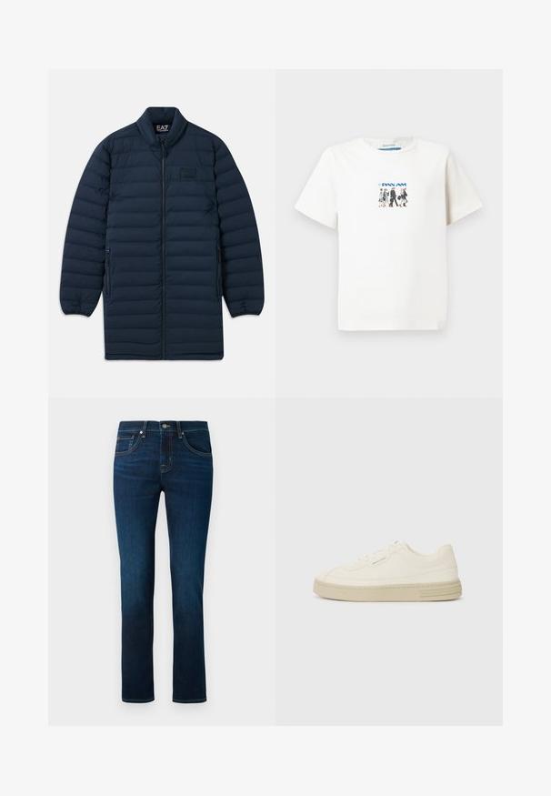 Marineblå lang pufferjakke med frontlynlås, ståkrave, lynlåsede sidelommer og subtilt EA7 Emporio Armani-logo på brystet.; Hvid kortærmet t-shirt med et lille grafik af fem gående Pan Am kabinepersonale og Pan Am-logoet i blå.; Mørkeblå jeans med et lige ben-design, klassisk fem-lomme stil og subtile syninger. Fremstillet af denimstof.; Hvide kanvas sneakers med en tekstureret gummisål, der har en syet tåhætte og logoaccent på hælen. Simpel snørebåndsdesign.