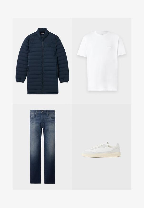 Navyblauer langer Pufferjacke mit Frontreißverschluss, Stehkragen, seitlichen Reißverschluss-Taschen und dezentem EA7 Emporio Armani Logo auf der Brust.; Weißes Baumwoll-T-Shirt mit kurzen Ärmeln, Rundhalsausschnitt, mit subtiler grauer Logodruck auf der linken Brustseite und glatter Textur.; Gerade Jeans in dunkler blauem Waschung. Verfügt über fünf Taschen, Reißverschluss und Knopfverschluss. Leicht ausgebleichte Textur am Oberschenkel. Denim-Stoff.; Weißer Sneaker mit strukturiertem Obermaterial aus Wildleder und Leder. Verfügt über eine runde Zehenpartie, Schnürverschluss und eine kontrastierende beige Gummisohle.