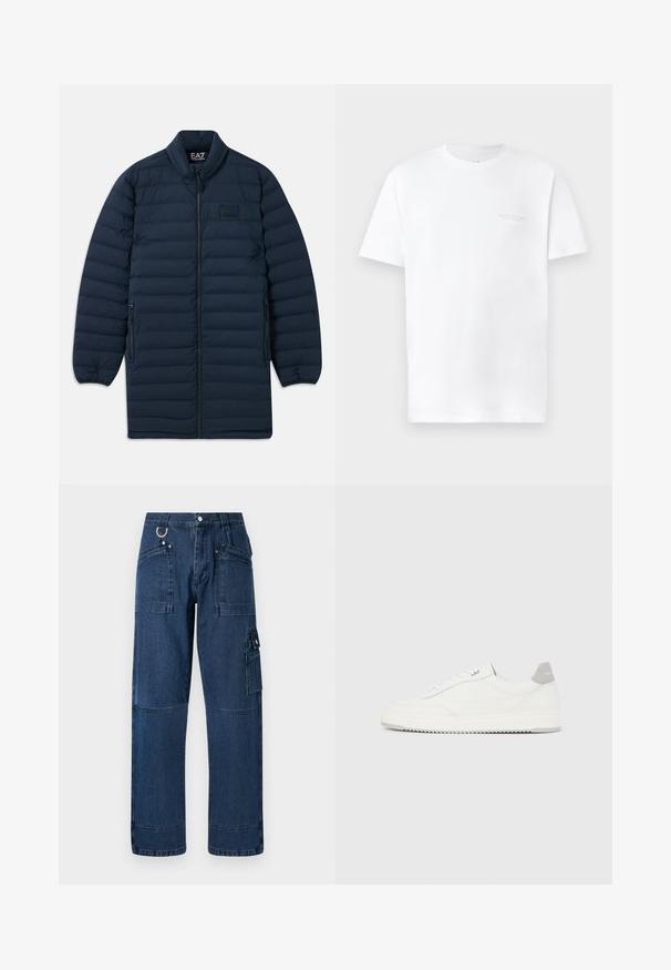 Marineblå lang pufferjakke med frontlynlås, ståkrave, lynlåsede sidelommer og subtilt EA7 Emporio Armani-logo på brystet.; Hvid bomulds t-shirt med korte ærmer, rund halsudskæring, der har et diskret gråt logo print på venstre bryst og en glat overflade.; Mørkeblå denim cargo bukser med lige snit, der har flere lommer, metalbeslag og kontraststikningsdetaljer.; Hvid lavtop-sneaker med gråt hælflig, hvide snørebånd og tekstureret sål, vist på en ensfarvet lys baggrund.