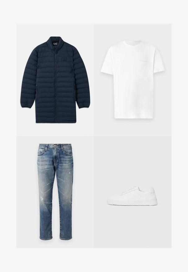 Námornícka modrá dlhá pérová bunda s predným zipsom, stojatým golierom, zipsovými bočnými vreckami a nenápadným logom EA7 Emporio Armani na hrudi.; Biela bavlnená tričko s krátkymi rukávmi, okrúhlym výstrihom, s jemným sivým logom potlačeným na ľavej strane hrudi a hladkou textúrou.; Svetlomodré džínsy s rovnými nohavicami, vyblednutým povrchom, jemne poškodenými detailmi, piatimi vreckami a pásom na opasok.; Biele tenisky s hladkým koženým zvrškom, zaoblenou špičkou, šnúrkami, textúrovanými bočnými akcentmi a hrubou gumovou podrážkou. Minimalistický dizajn.
