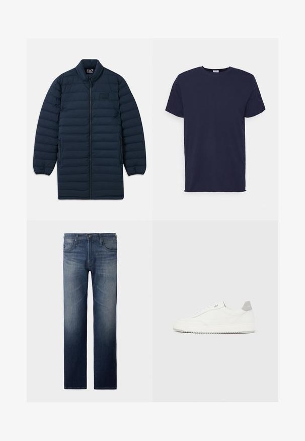 Námornícka modrá dlhá pérová bunda s predným zipsom, stojatým golierom, zipsovými bočnými vreckami a nenápadným logom EA7 Emporio Armani na hrudi.; Námornícky modrá tričko krátky rukáv vyrobené z jemnej tkaniny. Obsahuje okrúhly výstrih a priame strih bez vzorov alebo akcentov.; Džíny s rovnými nohavicami v tmavomodrom odtieni. Samostatné päť vreciek, zapínanie na zips a gombík. Jemne vyblednutá štruktúra na stehne. Denimová tkanina.; Biela nízka teniska so sivým pätovým pásikom, bielymi šnúrkami a členitou podrážkou, zobrazená na jednoduchom svetlom pozadí.