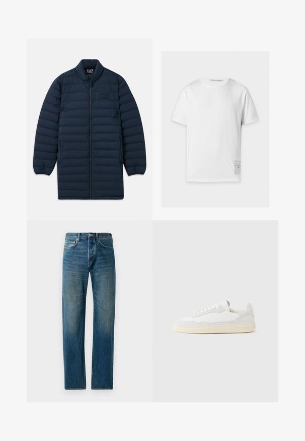Navyblauer langer Pufferjacke mit Frontreißverschluss, Stehkragen, seitlichen Reißverschluss-Taschen und dezentem EA7 Emporio Armani Logo auf der Brust.; Ein schlichtes weißes T-Shirt mit kurzen Ärmeln, rundem Ausschnitt und einem kleinen rechteckigen Etikett mit Markentext nahe dem unteren Saum auf der rechten Seite.; Blaue Denim-Jeans im Straight-Leg-Design, ausgestattet mit einem Fünf-Taschen-Stil, dezenten Verwaschungen und kontrastierenden Nähten.; Weißer Sneaker mit strukturiertem Obermaterial aus Wildleder und Leder. Verfügt über eine runde Zehenpartie, Schnürverschluss und eine kontrastierende beige Gummisohle.